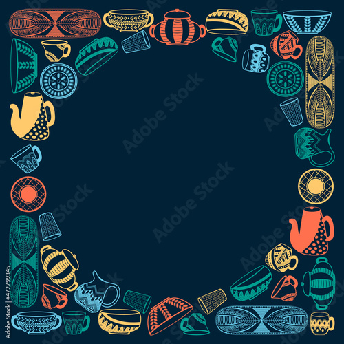 Collection of hand drawn kitchen utensils and utensils. The contour outline of multi-colored crockery against the background of the chalkboard. A frame made of culinary tools with an empty circle