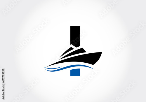 Letter I with the ship, cruise, or boat logo design template, icon sign symbol ocean waves vector illustration.