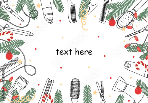 Christmas hair salon background with hairdressing accessories and fir branches. Template with copy space for congratulations, certificate, information. Vector illustration with outline.