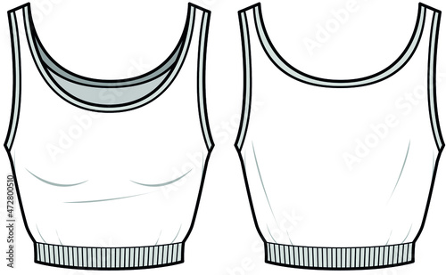 Women Waist Gathered Crop Tank Top, Active Wear, Pyjama Tank Top Front and Back View. Fashion Illustration, Vector, CAD, Technical Drawing, Flat Drawing.