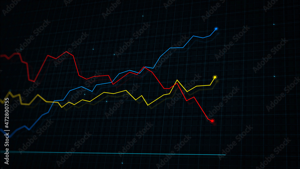 3D rendering of a tech-style digital income line graph against a high-tech grid background. Concept for presentations, advertising and showing profitability and statistics

