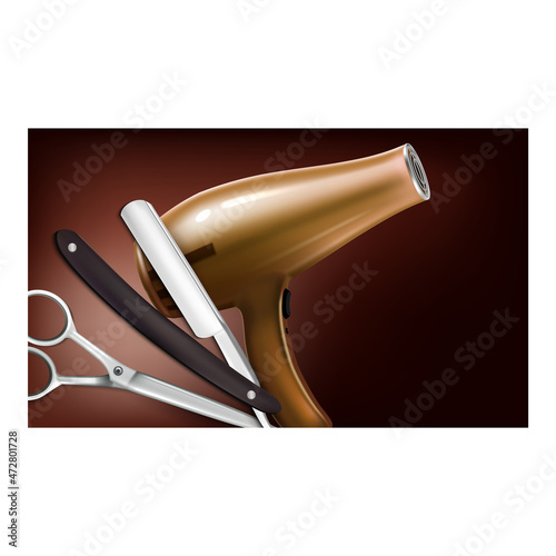 Barber Shop Equipment Promotion Banner Vector. Electric Hair Dryer, Scissors And Retro Razor Blade For utting, Shaving And Hairstyle On Advertising Poster. Style Concept Template Illustration