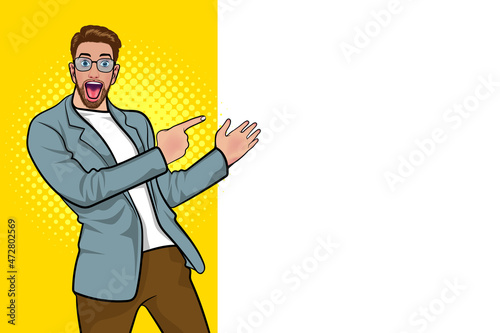 surprised businessman pointing to present something Serious gestures on empty spaces