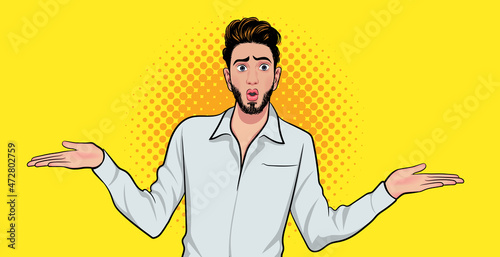 wondering man confused expression with arms and hands raised