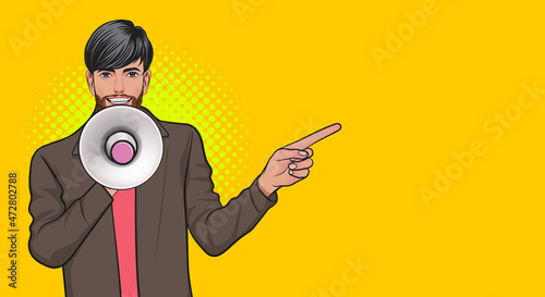 young business man wearing suit announce with megaphone