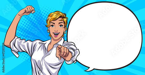 strong woman point finger at you gesture with bubble speech