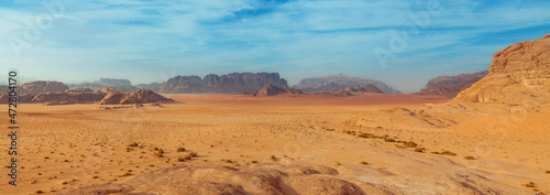 Panorama of Wadi Rum desert and red dunes.