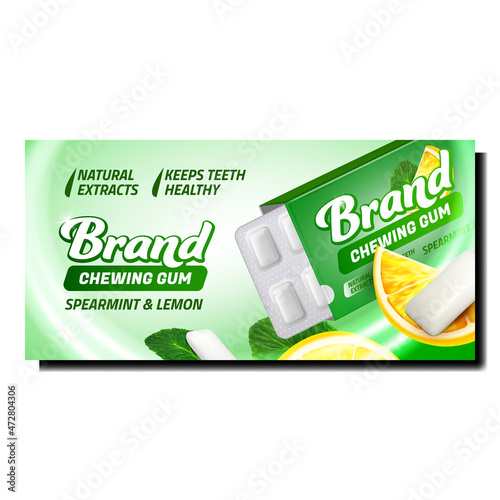 Chewing Gum Creative Promotional Banner Vector. Spearmint And Lemon Taste Chewing Gum Blank Package With Blister On Advertising Poster. Citrus Tasty Gummy Candies Style Concept Template Illustration