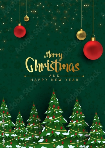 merry Christmas greeting with green tree. vector illustration design