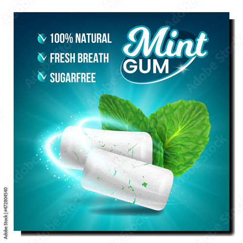 Mint Bubble Gum Creative Promotion Poster Vector. Chewing Gum Pieces And Natural Fresh Green Leaves On Advertising Banner. Dental Care And Fresh Breath Style Concept Template Illustration