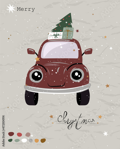Vintage Christmas poster from New Collection. Cute Retro Delivery Car Scandinavian style.