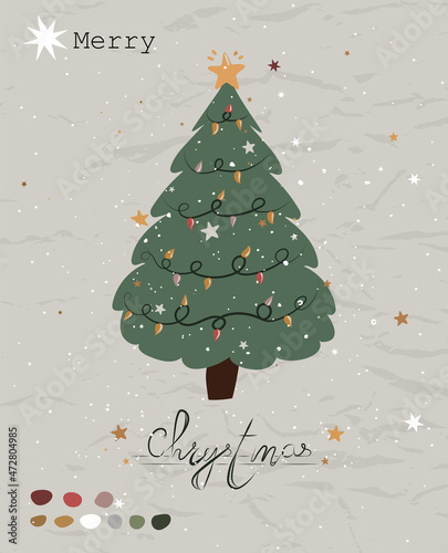 Vintage Christmas poster from New Collection. Cozy Christmas Tree Scandinavian style.