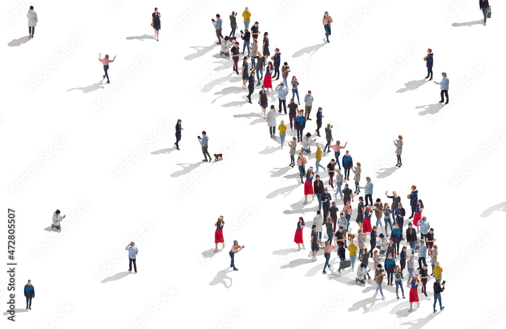 Aerial view of crowd of people standing in form of pointing arrow. Top view of men and women isolated on white background