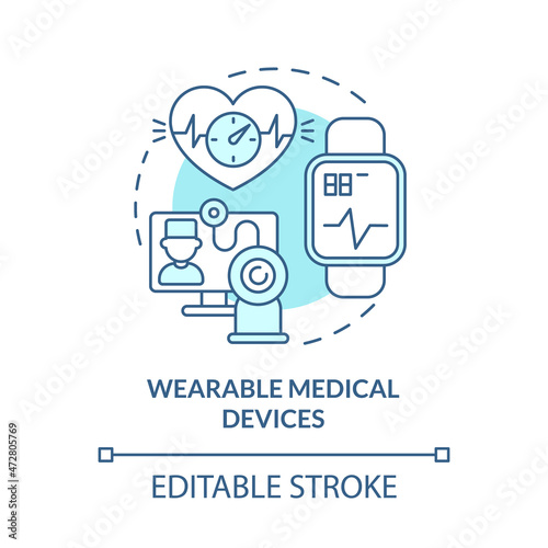 Wearable medical devices blue concept icon. Patients condition monitoring with digital tools abstract idea thin line illustration. Vector isolated outline color drawing. Editable stroke