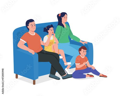 Parents with children sitting on couch semi flat color vector characters. Full body people on white. Creating unique bond isolated modern cartoon style illustration for graphic design and animation