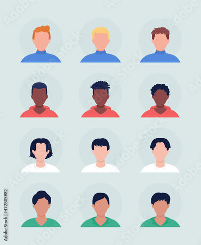 Men with hairstyles semi flat color vector character avatar set. Casual style. Portrait from front view. Isolated modern cartoon style illustration for graphic design and animation pack