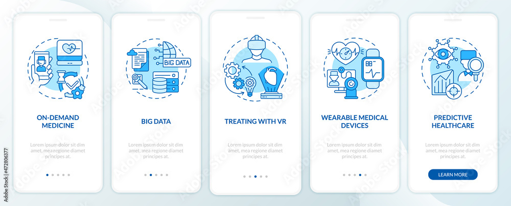 Medical care digitalization onboarding mobile app page screen. Medicine walkthrough 5 steps graphic instructions with concepts. UI, UX, GUI vector template with linear color illustrations