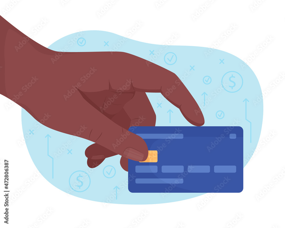 Taking blue credit card 2D vector isolated illustration. E commerce ...