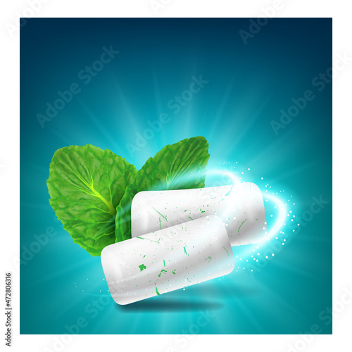 Mint Bubble Gum Creative Promotion Poster Vector. Chewing Gum Pieces And Natural Fresh Green Leaves On Advertising Banner. Dental Care And Fresh Breath Style Concept Template Illustration