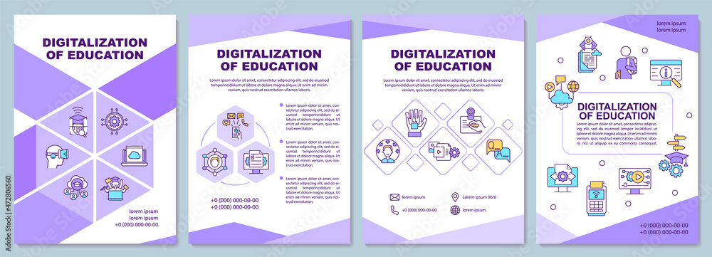 Digitalization of education brochure template. Online learning. Flyer, booklet, leaflet print, cover design with linear icons. Vector layouts for presentation, annual reports, advertisement pages