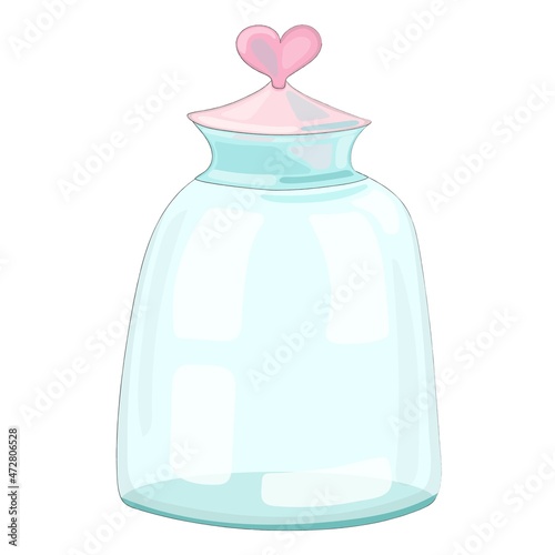 Nice cartoon glass transparent empty jar. Glassware for a fairy-tale character or doll. Toy kitchen. Hand drawn vector illustration