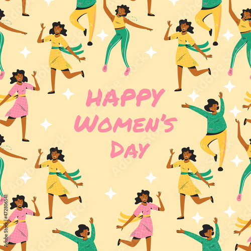 Happy womens day poster design with space for text. Vector illustration in cartoon style.