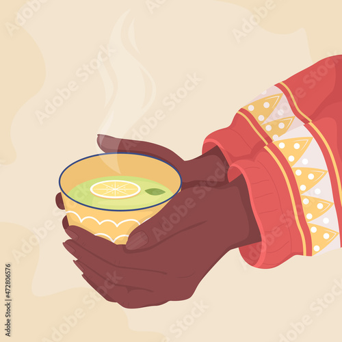 Holding cup of green lemon tea flat color vector illustration. Warm drink with peppermint. Taking mug of aromatic herbal beverage 2D cartoon first view hand with abstract background