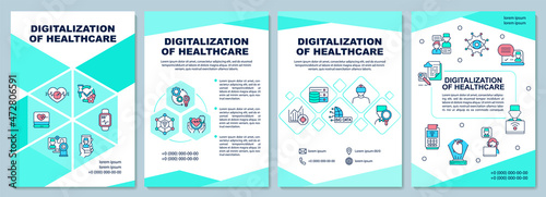 Digitalization of healthcare brochure template. Medical technology. Flyer, booklet, leaflet print, cover design with linear icons. Vector layouts for presentation, annual reports, advertisement pages