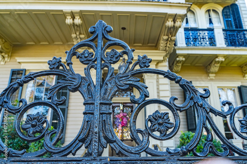 Black wrought iron decorations, Garden District, New Orleans, Louisiana.