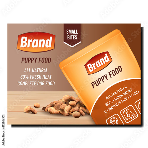 Puppy Food Creative Promotional Poster Vector. Natural Dog Puppy Food Blank Package And Grains On Wooden Surface Advertising Banner. Domestic Animal Feed Style Concept Template Illustration