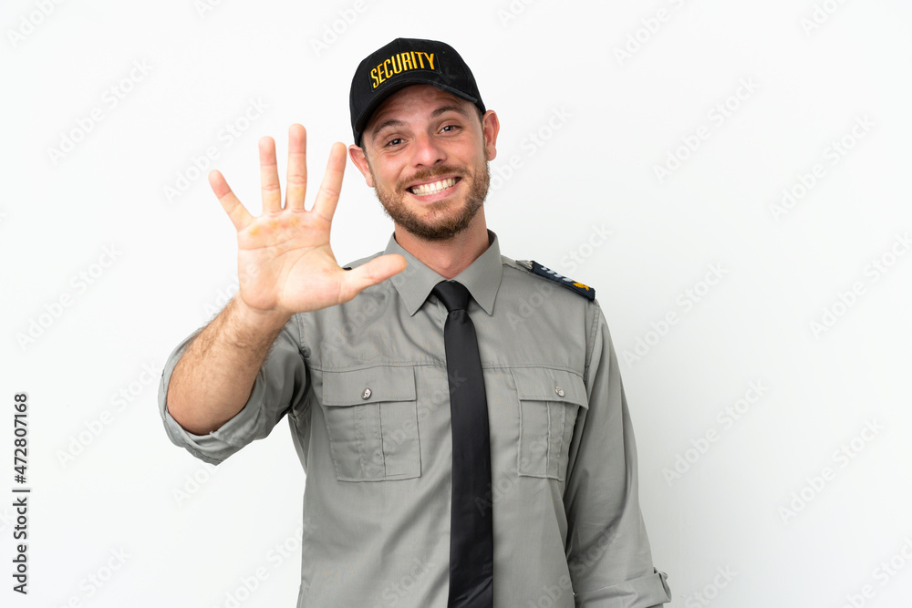 Young security Brazilian man isolated on white background counting five with fingers Young security Brazilian man isolated on white background counting five with fingers