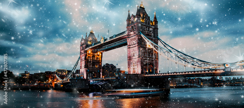 heavy snowfall over Tower Bridge  winter in London