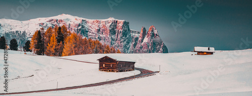 amazing winter landscape at sunrise in Alpe di Siusi. Dolomites  Italy - winter holidays destination photo