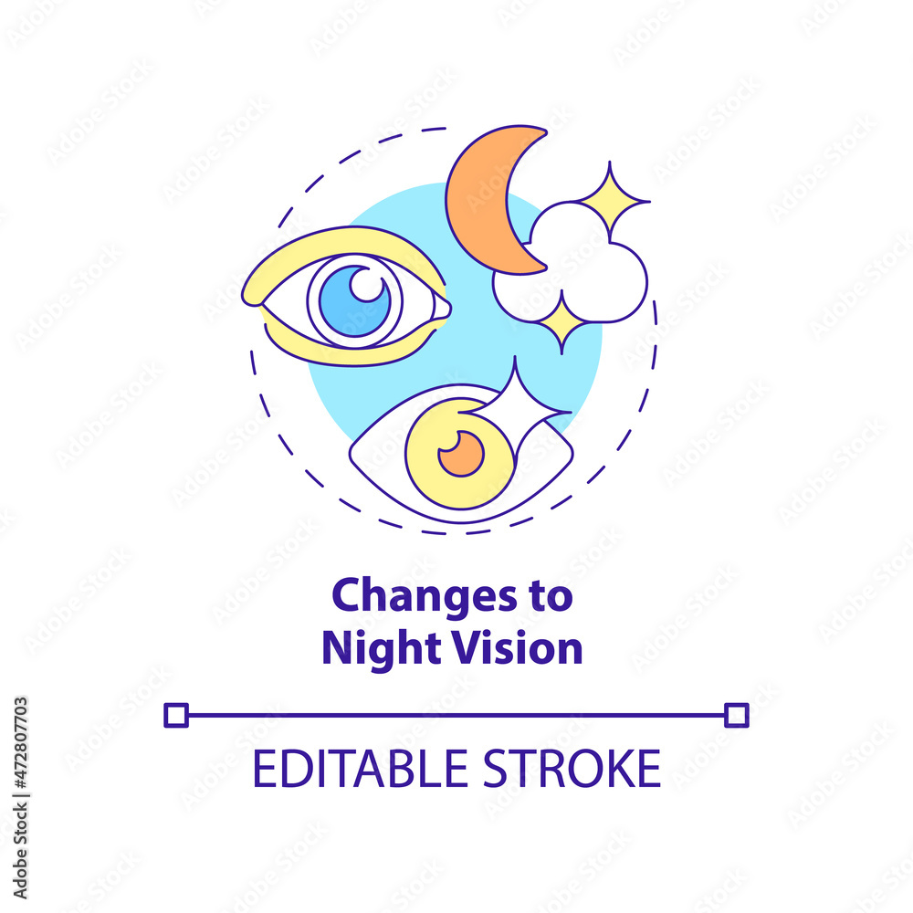 Changes to night vision concept icon. One of major side effects and risks after lasik eye surgery abstract idea thin line illustration. Vector isolated outline color drawing. Editable stroke Changes to night vision concept icon. One of major side effects and risks after lasik eye surgery abstract idea thin line illustration. Vector isolated outline color drawing. Editable stroke