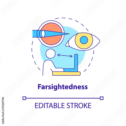 Farsightedness concept icon. Common vision condition. Problems to treat with the laser surgery abstract idea thin line illustration. Vector isolated outline color drawing. Editable stroke