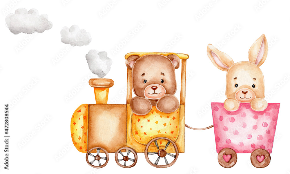 Teddy bear and bunny in cartoon train; watercolor hand drawn ...