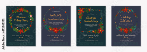 Christmas and Happy New Year party invitations templates.Festive vector layouts with hand drawn traditional winter holiday symbols.Xmas trendy designs for banners invitations prints social media
