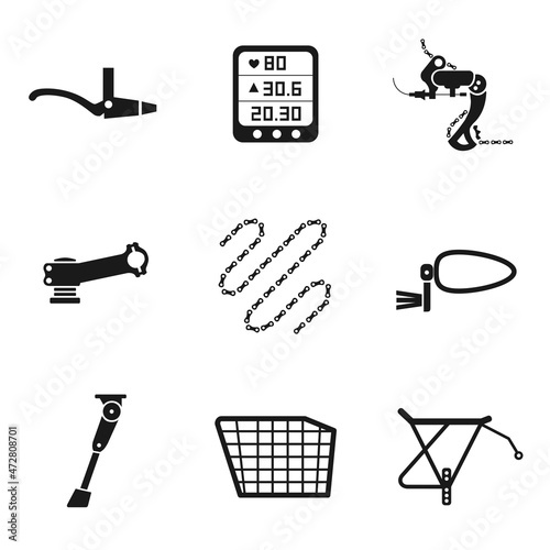Bike parts and accessories icon set. Bicycle computer and heart-rate monitor, brake lever, rear derailleur, bar stem, chain, rearview mirror, kickstand, basket, luggage carrier