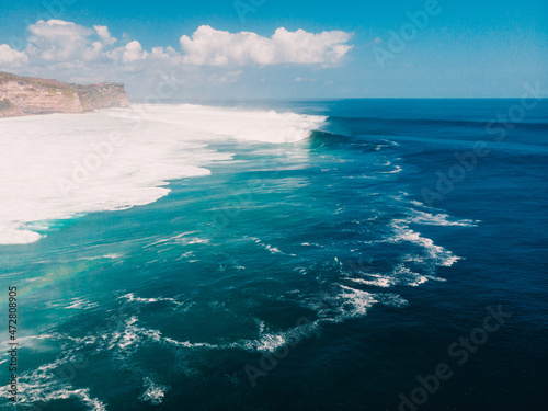 Aerial view of big waves for surfing. Waves in ocean at Uluwatu