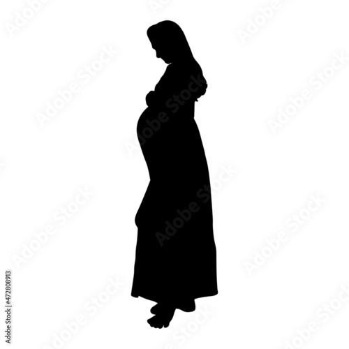 Black silhouette of a pregnant woman in a dress. Vector illustration.