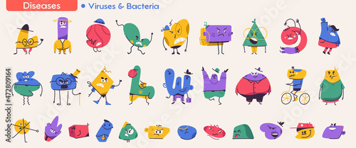 Cute abstract viruses and bacteria characters set isolated.