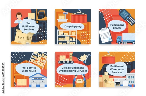 Collection fulfillment warehouse service poster with place for text vector flat dropshipping center