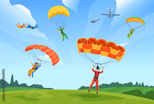 Active people enjoying skydiving summer landscape vector flat illustration skydivers extreme sport