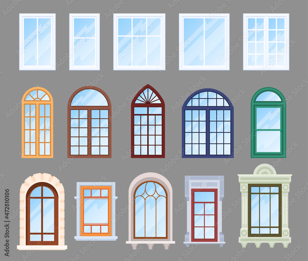 Collection window frames different shape vector flat illustration modern vintage interior exterior