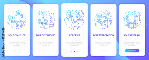 Social role action blue gradient concept onboarding mobile app page screen. Function walkthrough 4 steps graphic instructions with concepts. UI, UX, GUI vector template with linear color illustrations