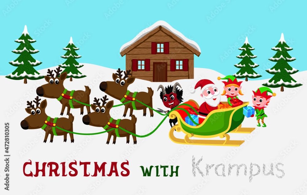 Naklejka premium Cute cartoon style illustration of Krampus sabotaging Santa’s sleigh