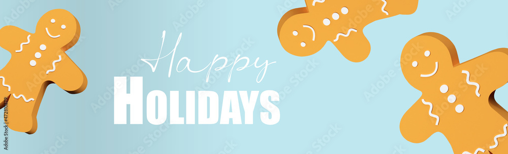 Christmas 3d render banner with Christmas Gingerbread Man cookies on blue background with text Happy Holidays Christmas 3d render banner with Christmas Gingerbread Man cookies on blue background with text Happy Holidays