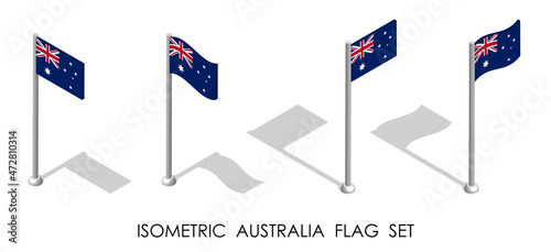 isometric flag of AUSTRALIA in static position and in motion on flagpole. 3d vector