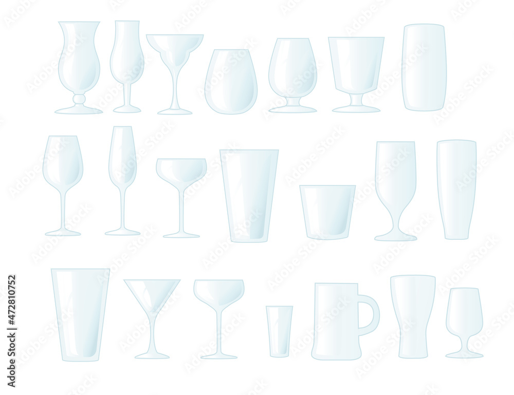 Transparent beer wine and water glasses mugs vector illustration on white background Transparent beer wine and water glasses mugs vector illustration on white background