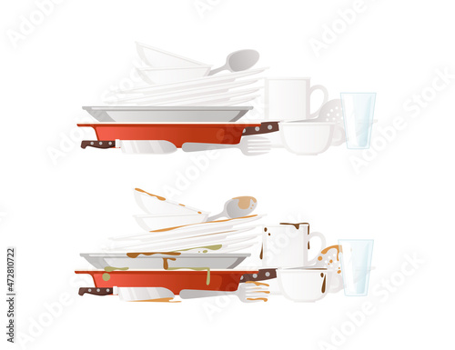 Dirty and clean dishes before and after vector illustration on white background